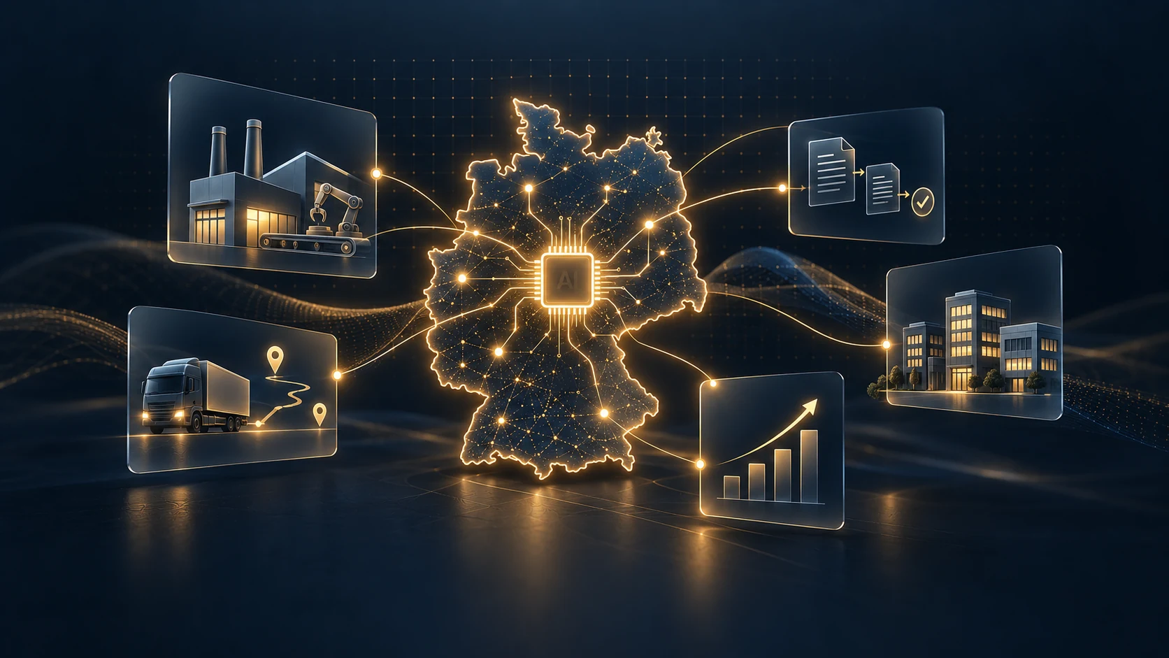 Deutschlandkarte mit vernetzten Anwendungen für Industrie, Logistik und Unternehmensprozesse.