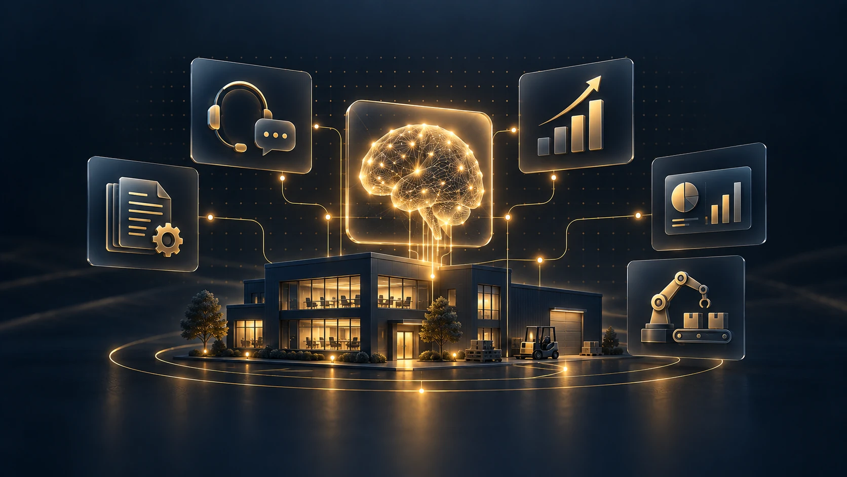 Unternehmensgebäude mit vernetzten KI-Anwendungen für Dokumente, Kundenservice, Analyse und Produktion.