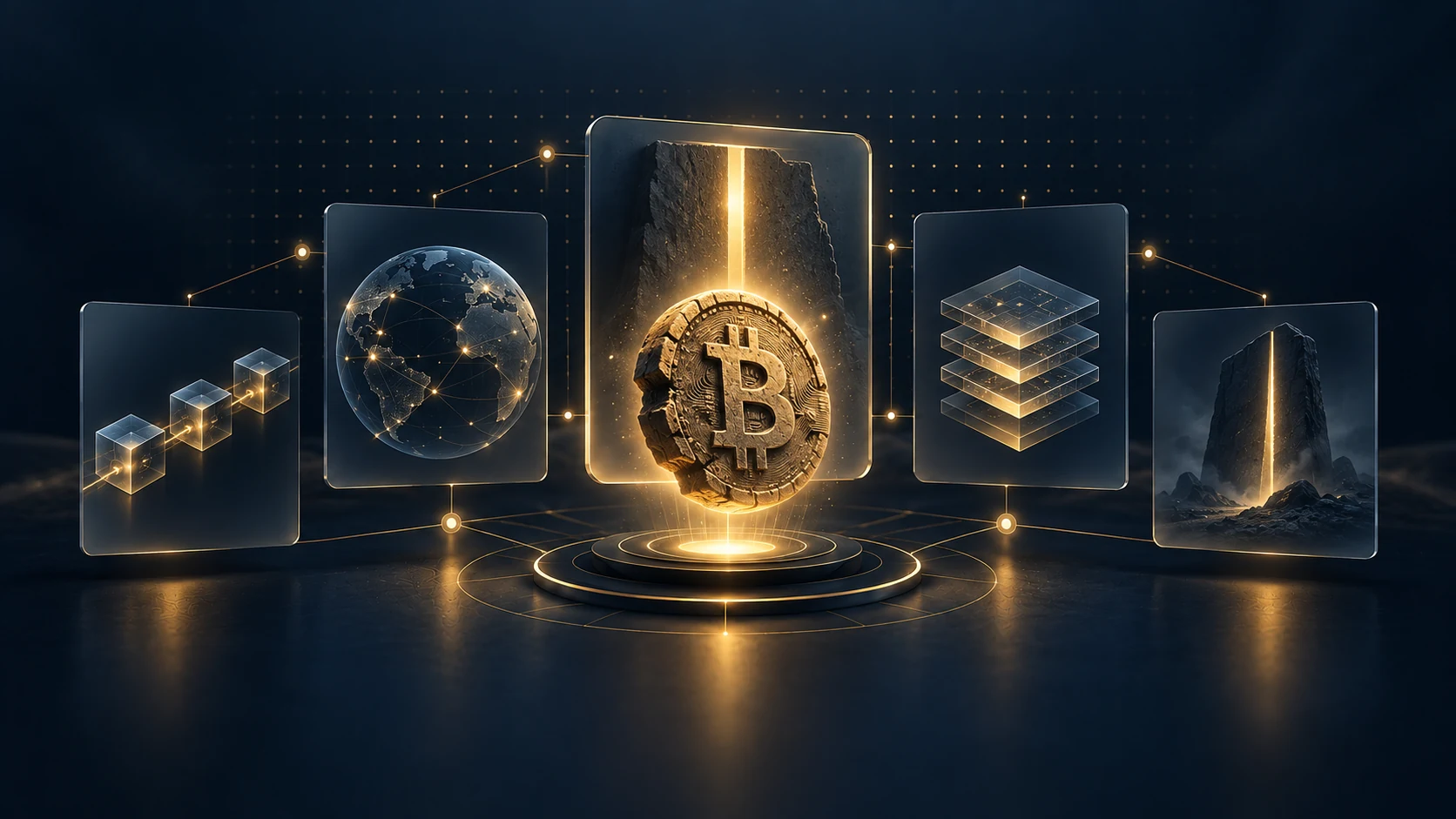 Bitcoin-Symbol zwischen Netzwerk, Blockchain und geschichteten Elementen digitaler Infrastruktur.